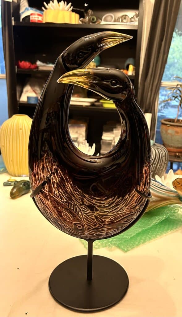 Sunset Fishing Lesson  } Blown, sculpted, hand engraved glass. Hot assembled   18" x 8.5 6.5 inches
